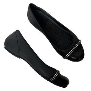 Crocs Lina Cap Toe Rhinestone Patent Slip On Black Ballet Flats Comfort Shoes 8